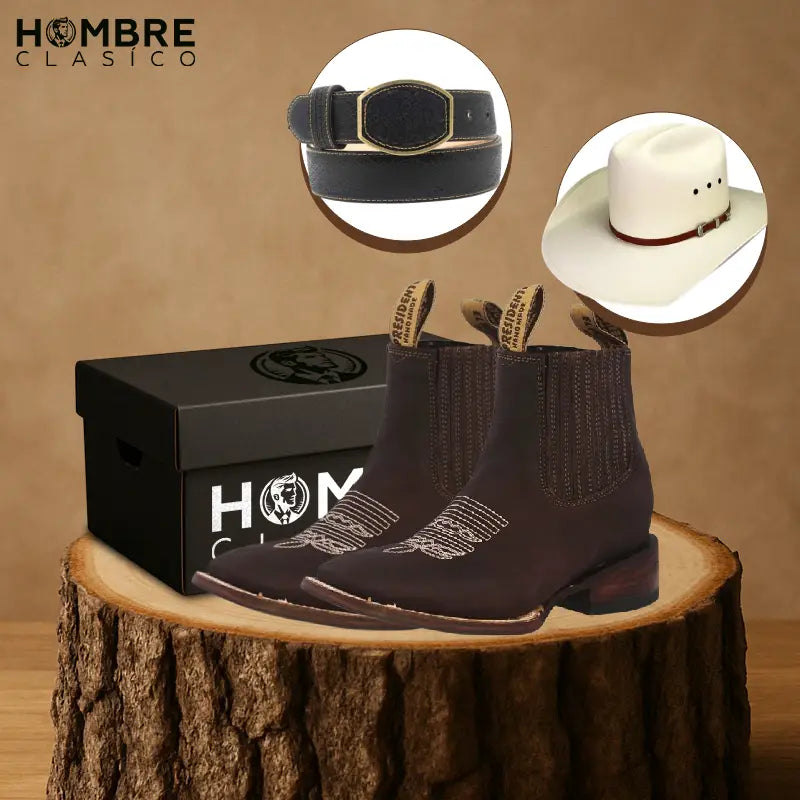 Kit Bota Montero de Cuero Auténtico con Suela Antideslizante +2 REGALOS: ¡Sombrero y Cinturón de Cuero!